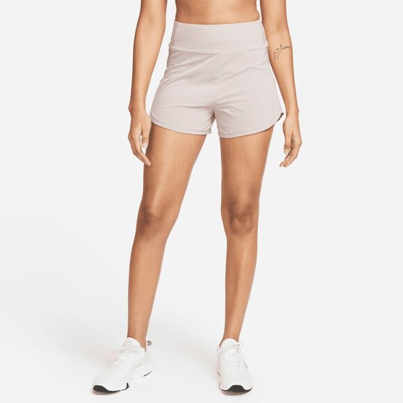 Nike Women S Dri-FIT Bliss High-Waisted Shorts, Size Large, taupe‎ - Picture 1 of 5